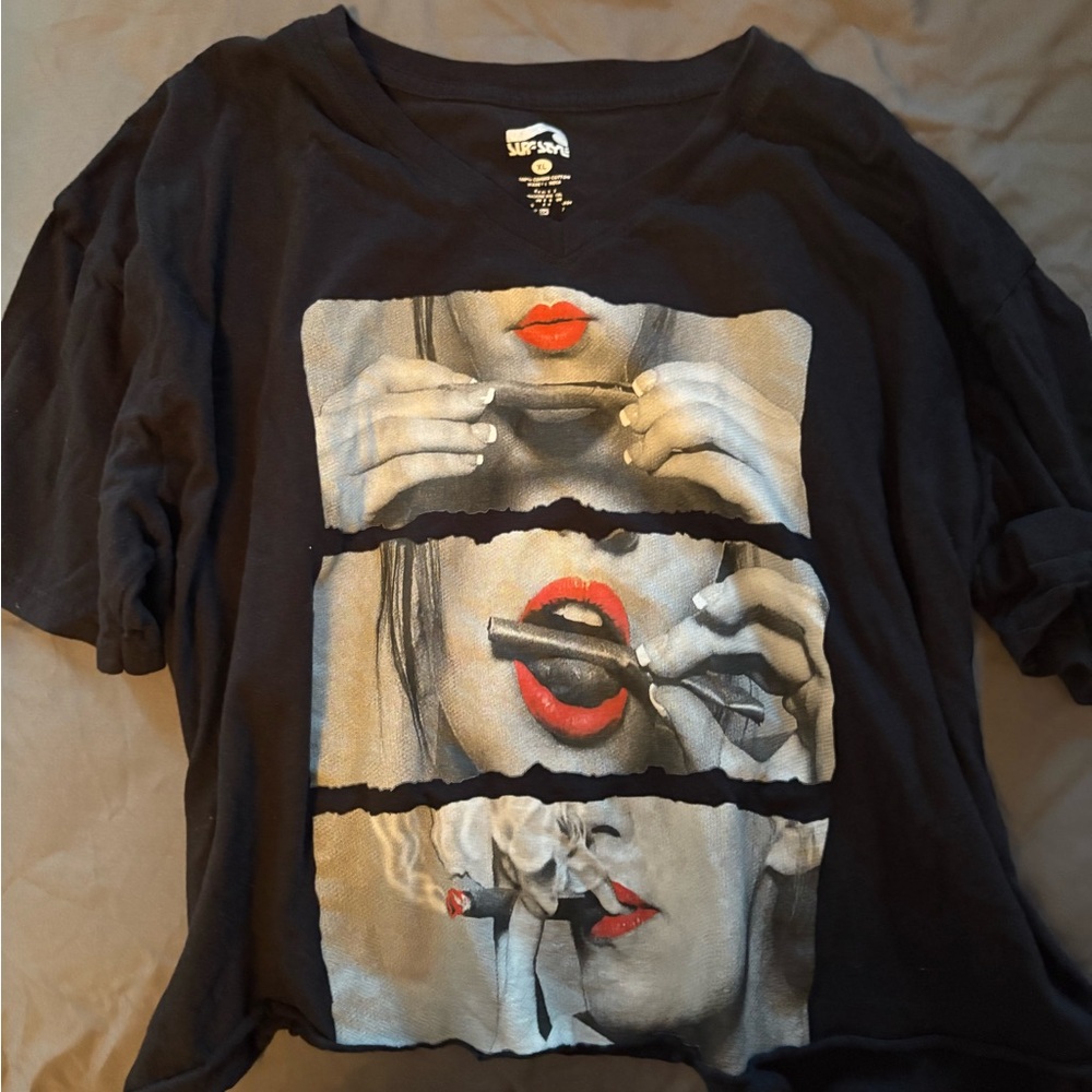 Black Graphic Women’s Tee with Red Accent